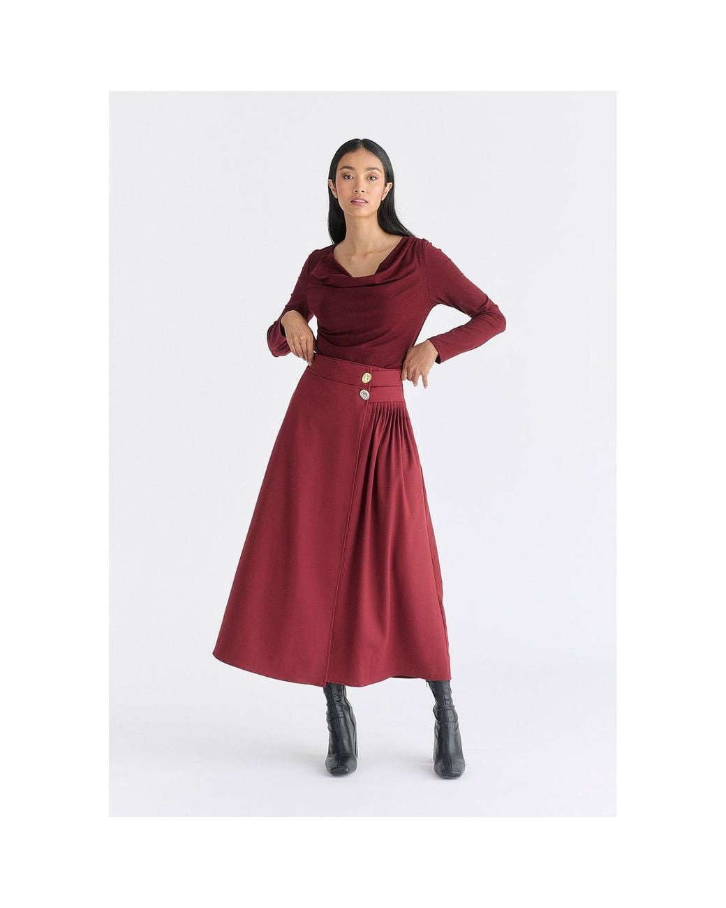 Paisie Red Wrap Midi Skirt With Pleated Detail