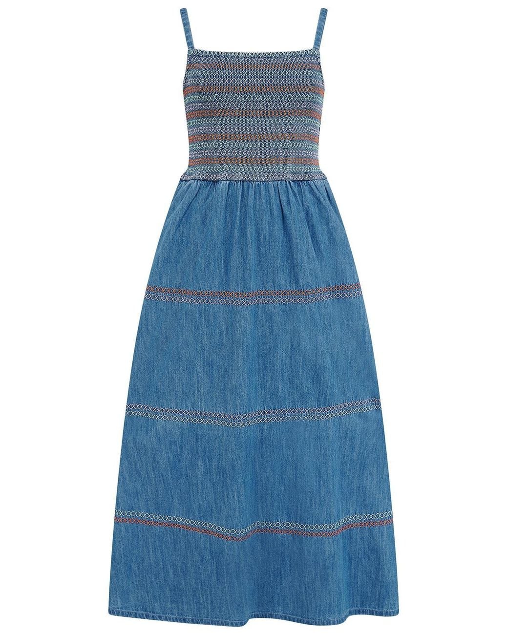 Sugarhill Blue Murren Shirred Midi Dress Washed Denim