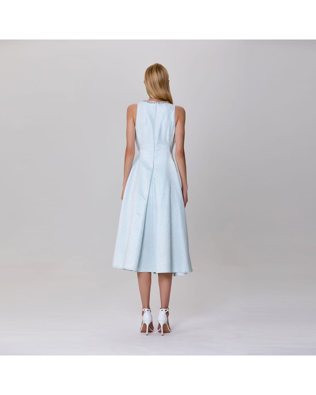 Smart and Joy Blue Fit-And-Flare Collar Trim Textured Jacquard Dress