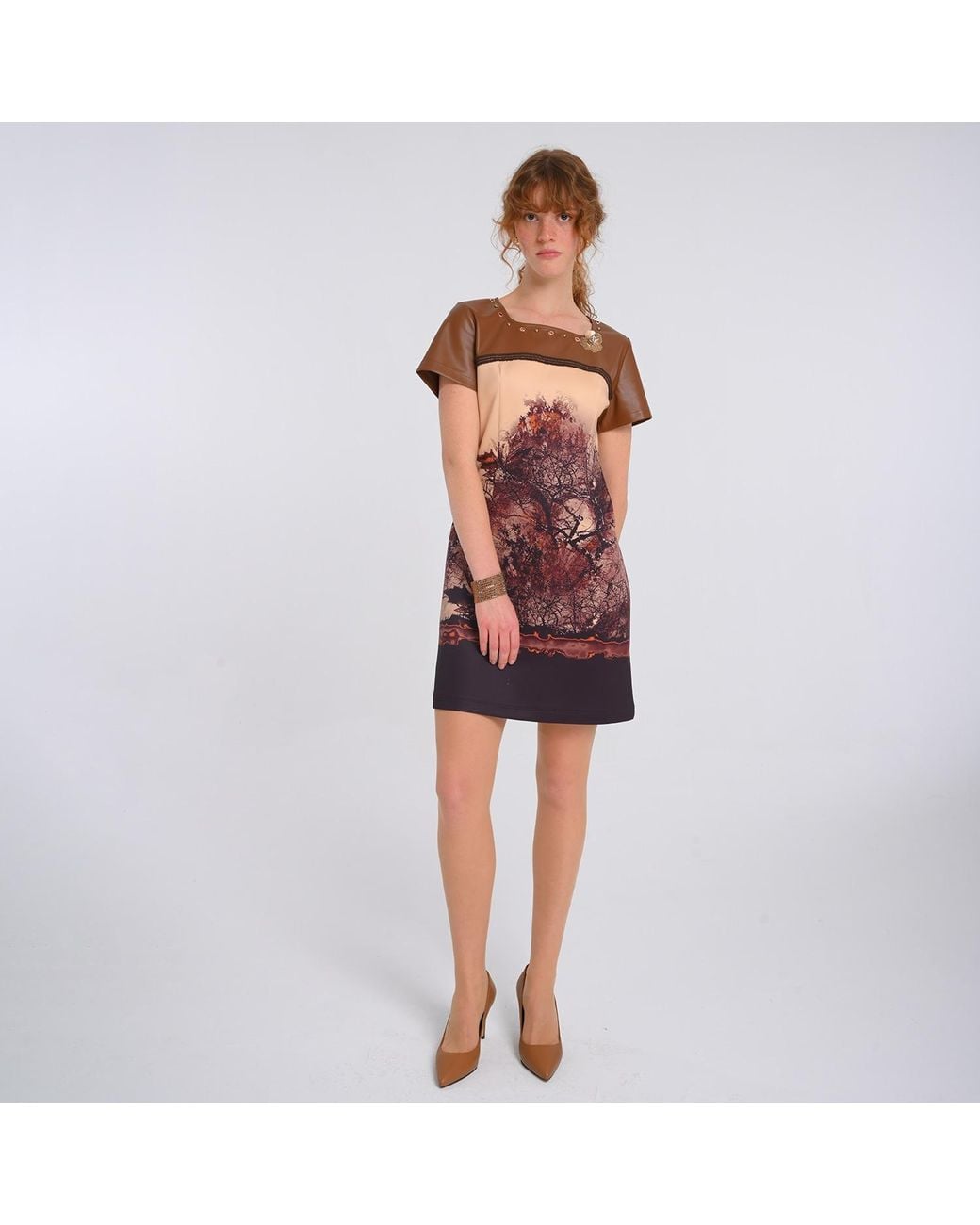 Lalipop Design Red Neutrals All-Over Graphic Print Short Sleeve Dress Panelled With Vegan Leather