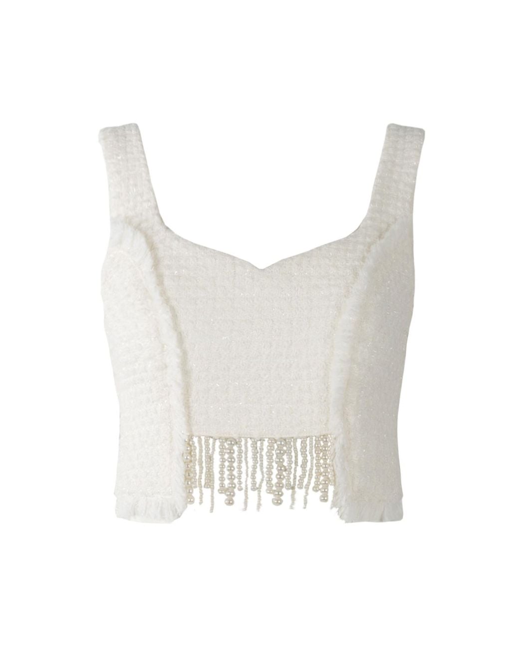 Solgo Atelier White Tia Sleeveless Crop Top Shimmering Tweed Bouclé With Pearl Fringes