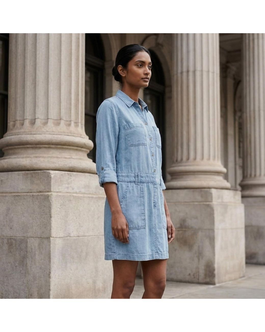Modenaire Blue Denim Mini Dress Structured Button Front