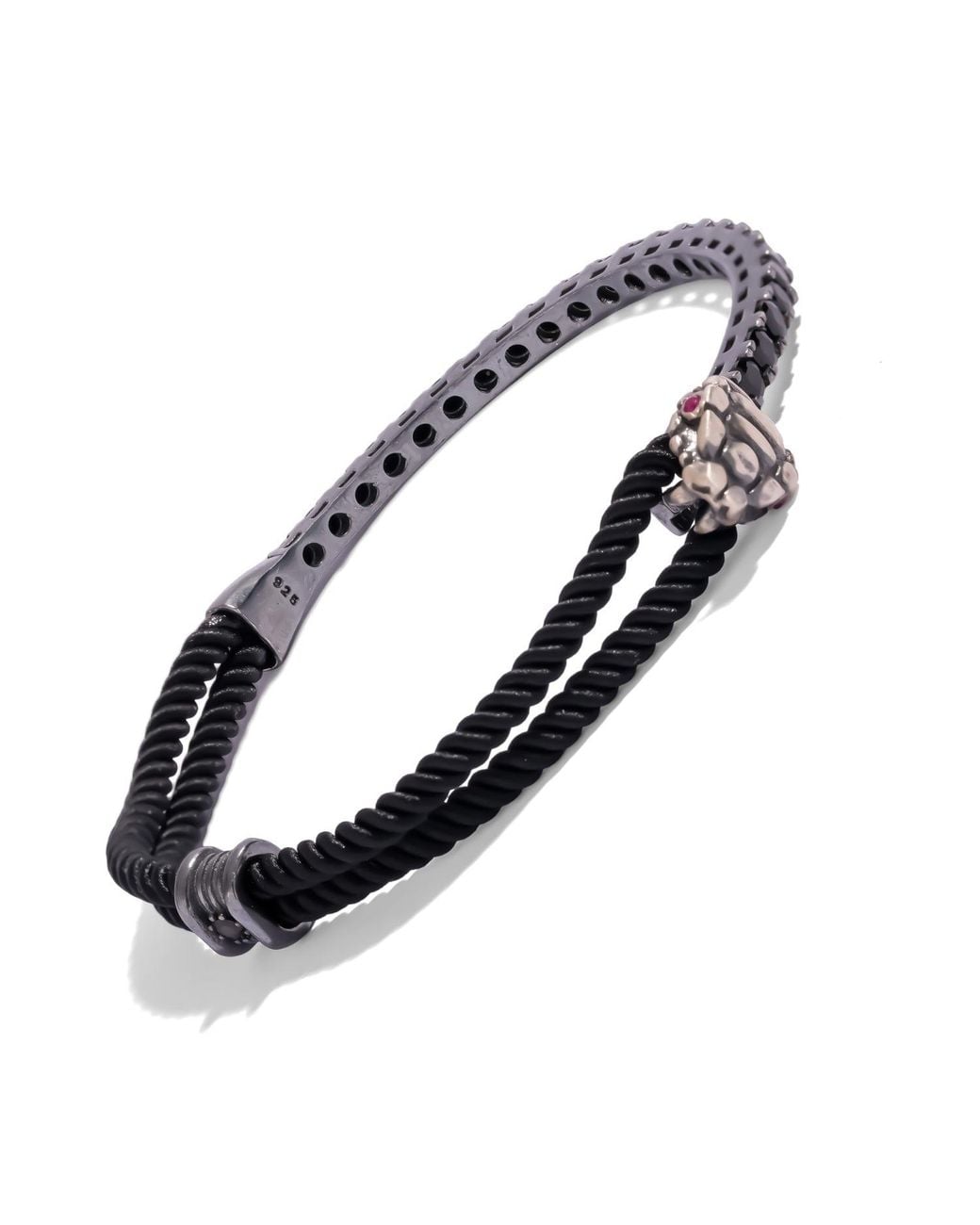 Ebru Jewelry Blue Ruby Eye Snake Diamond Oxidized Sterling Cord Bracelet for men