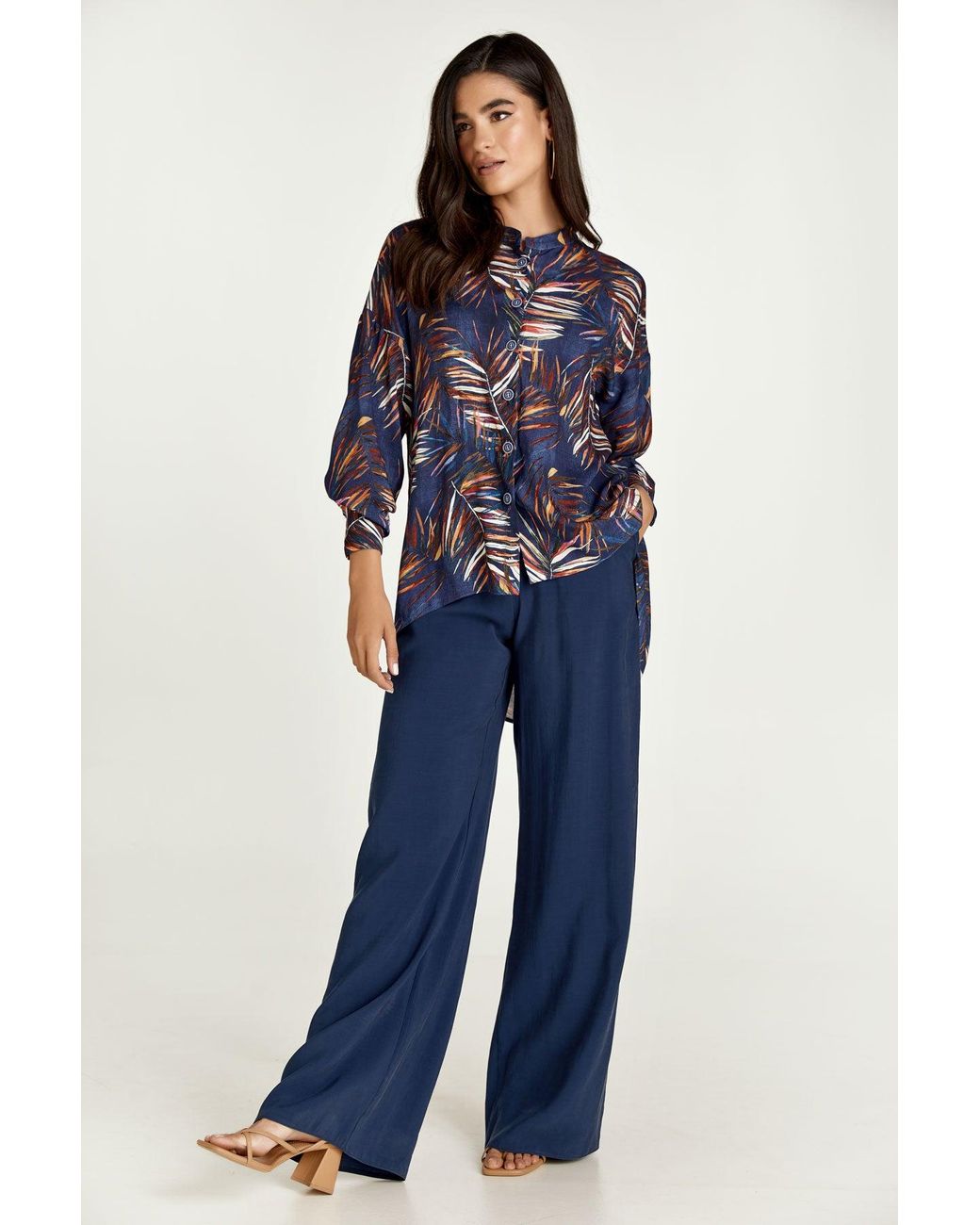 Conquista Blue Leaf Print Blouse With Mandarin Collar