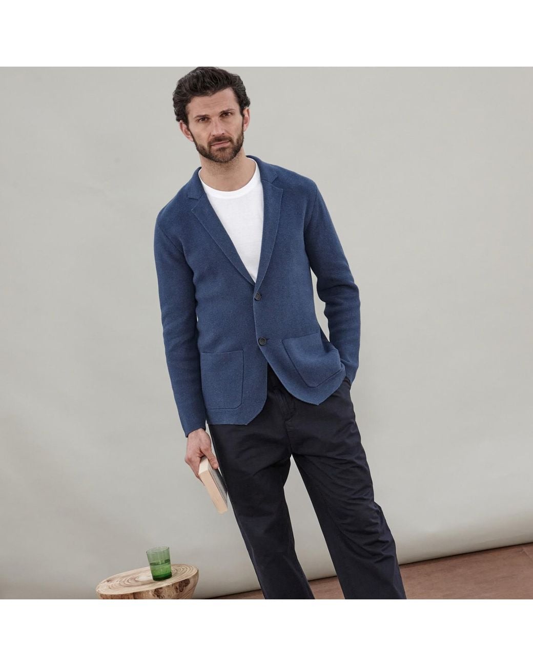 Paul James Knitwear Blue Cotton Deconstructed Knitted Gabriel Blazer for men