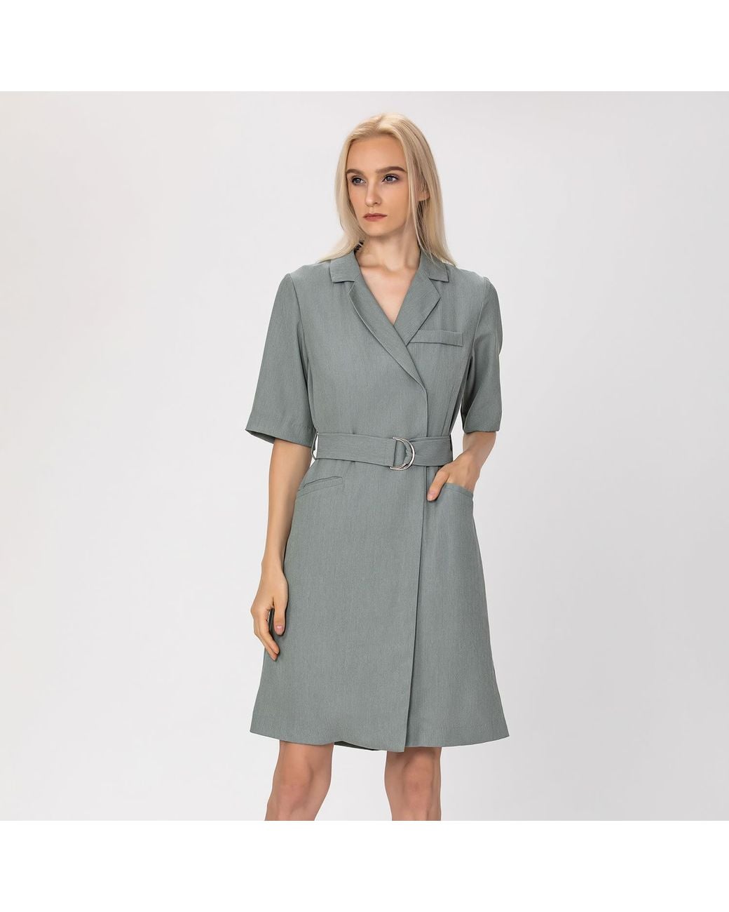 Smart and Joy Gray Neutrals Wrap Tailor Dress With Belt