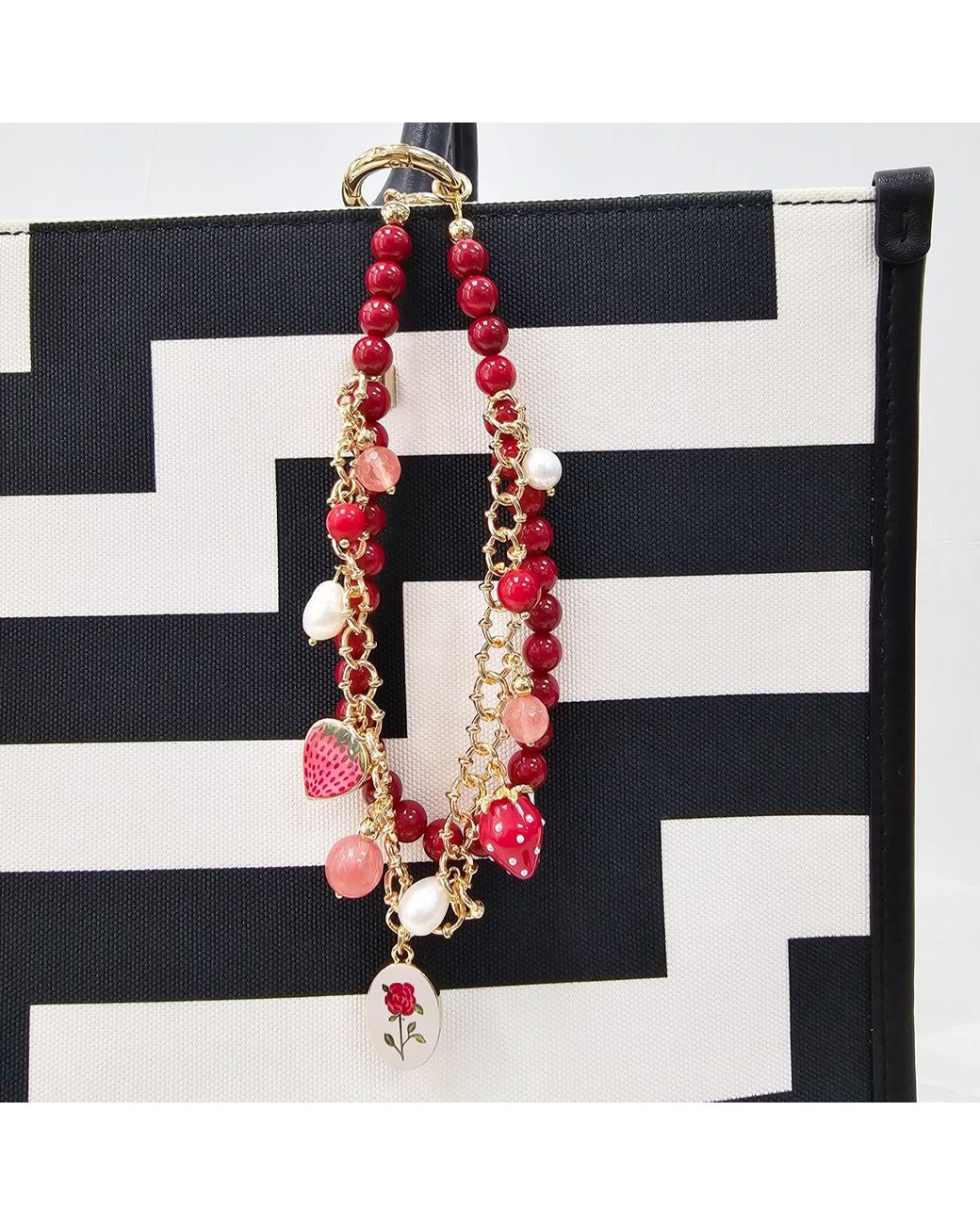 Farra Red Bamboo Coral With Strawberry And Rose Double Layers Chain Bag Charm