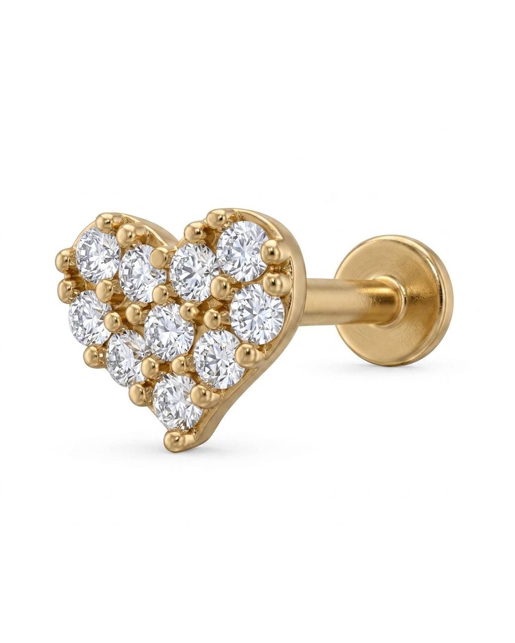 Zahav Jewelry Metallic 14K Solid 18G 8Mm Heart Pavé Cz Cluster Internally Threaded Flat Back Stud