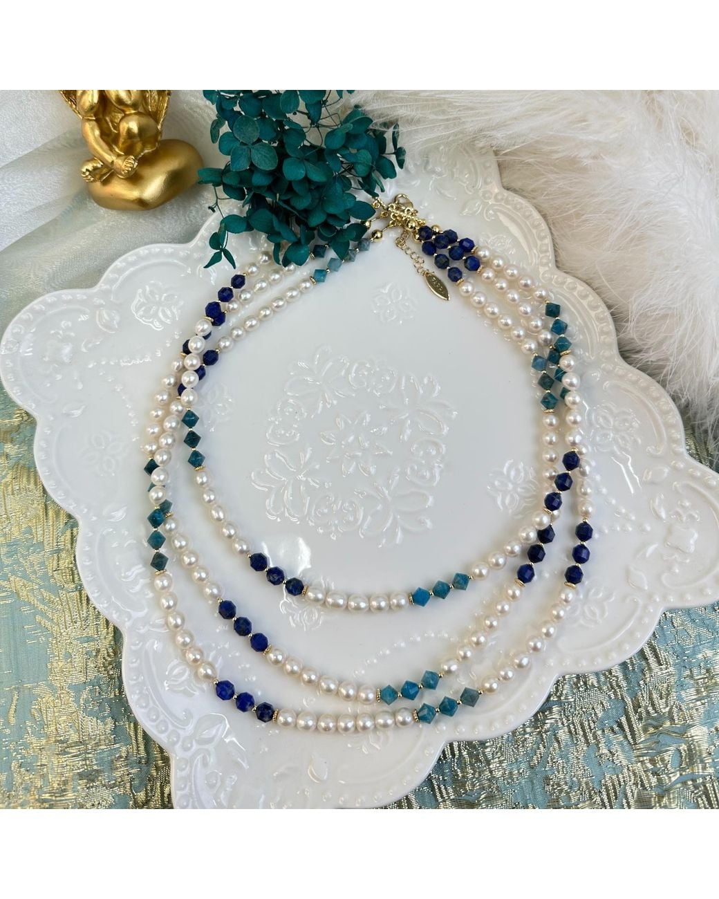 Farra Blue Gemstone And Freshwater Pearls Colour Blocking Multi-Strands Necklace