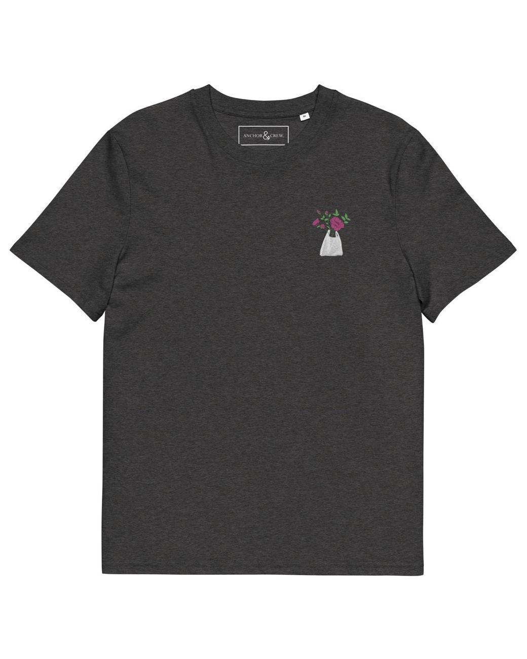 Anchor and Crew Black Heather Peony Garden Dystopia Organic Cotton Embroidered T-Shirt
