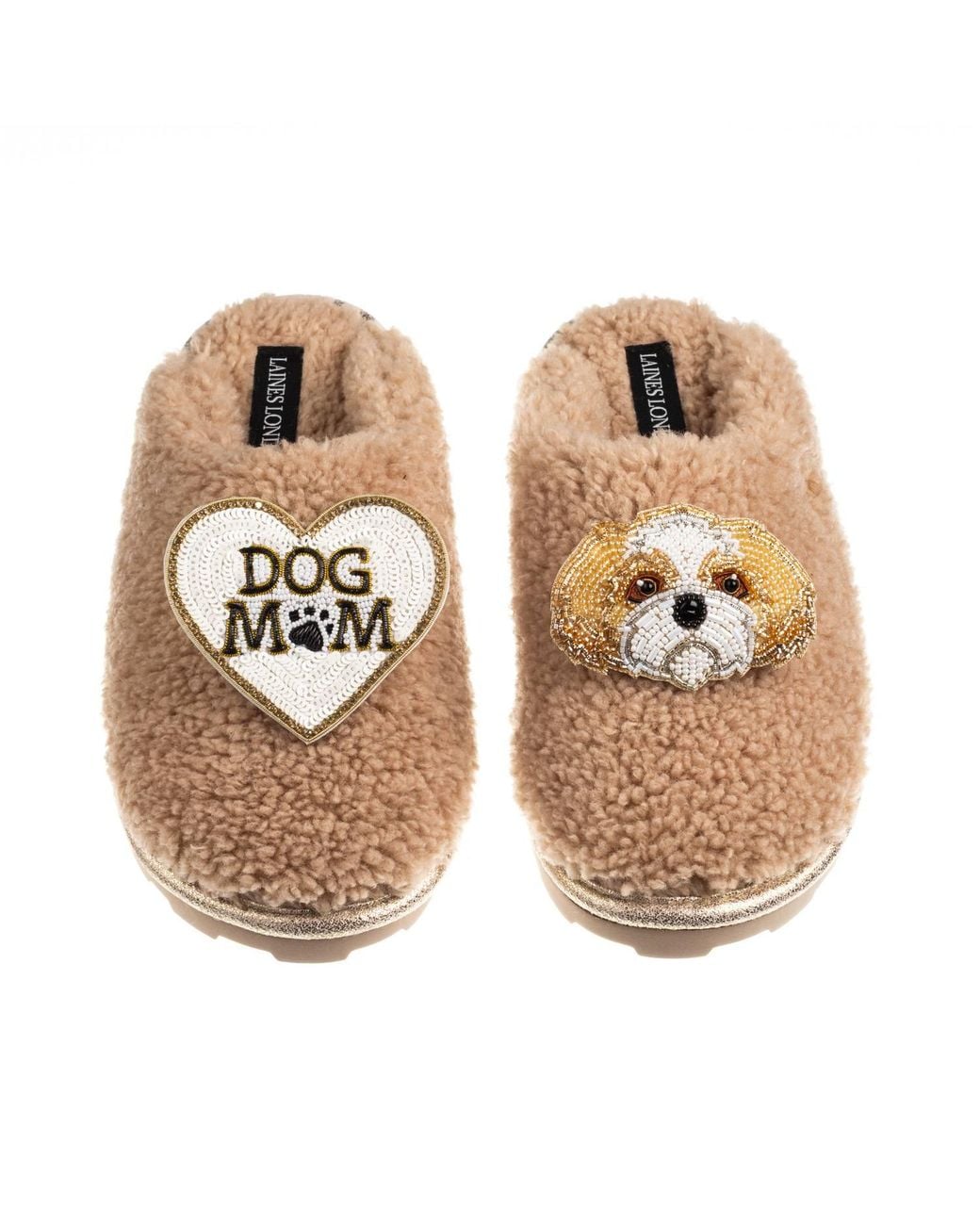 Laines London Metallic Neutrals Teddy Closed Toe Slippers With Dog Mum Mom & & Shih Tzu Brooches