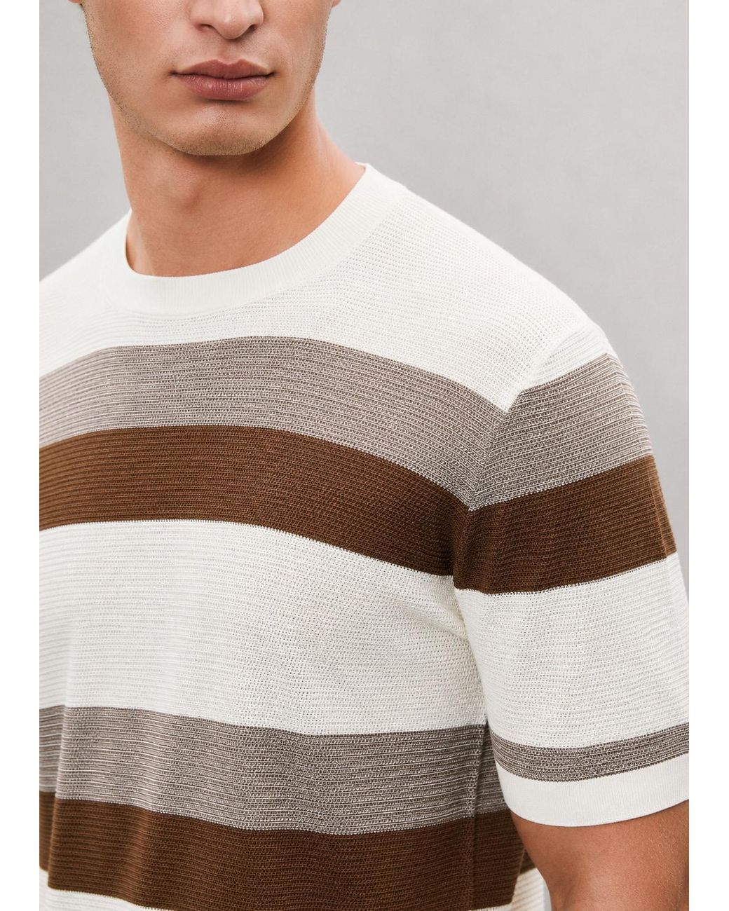 Vayla Natural Neutrals & Mocha Short Sleeve Striped Knitted Top for men