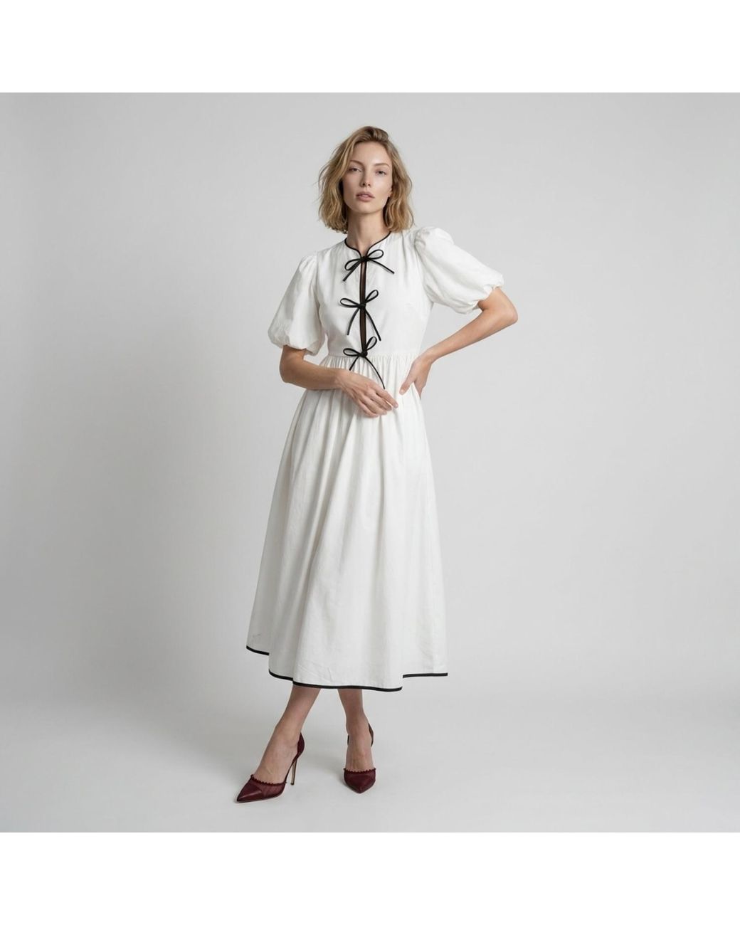 Modenaire White Midi Dress Sculpted Bow Detail