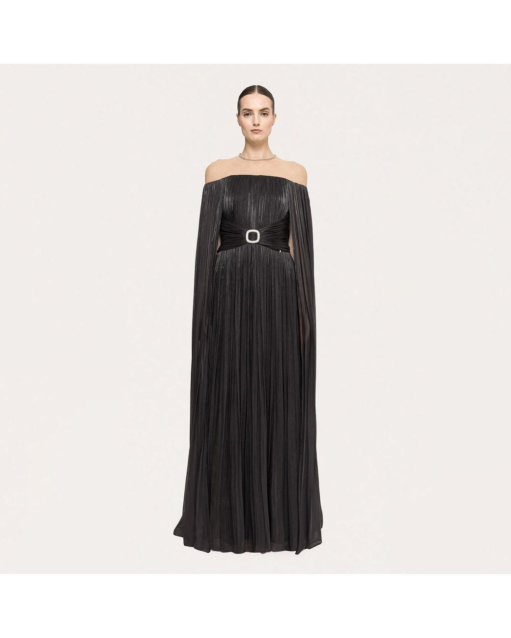 Nissa Black Cape-Design Chiffon Maxi Dress