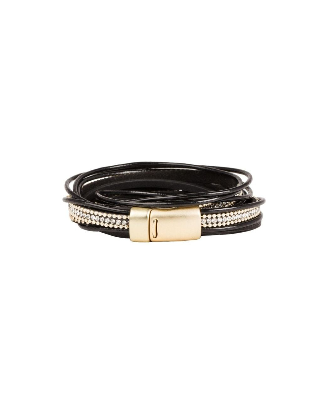 Saachi Black Leather Crystal Double Wrap Bracelet