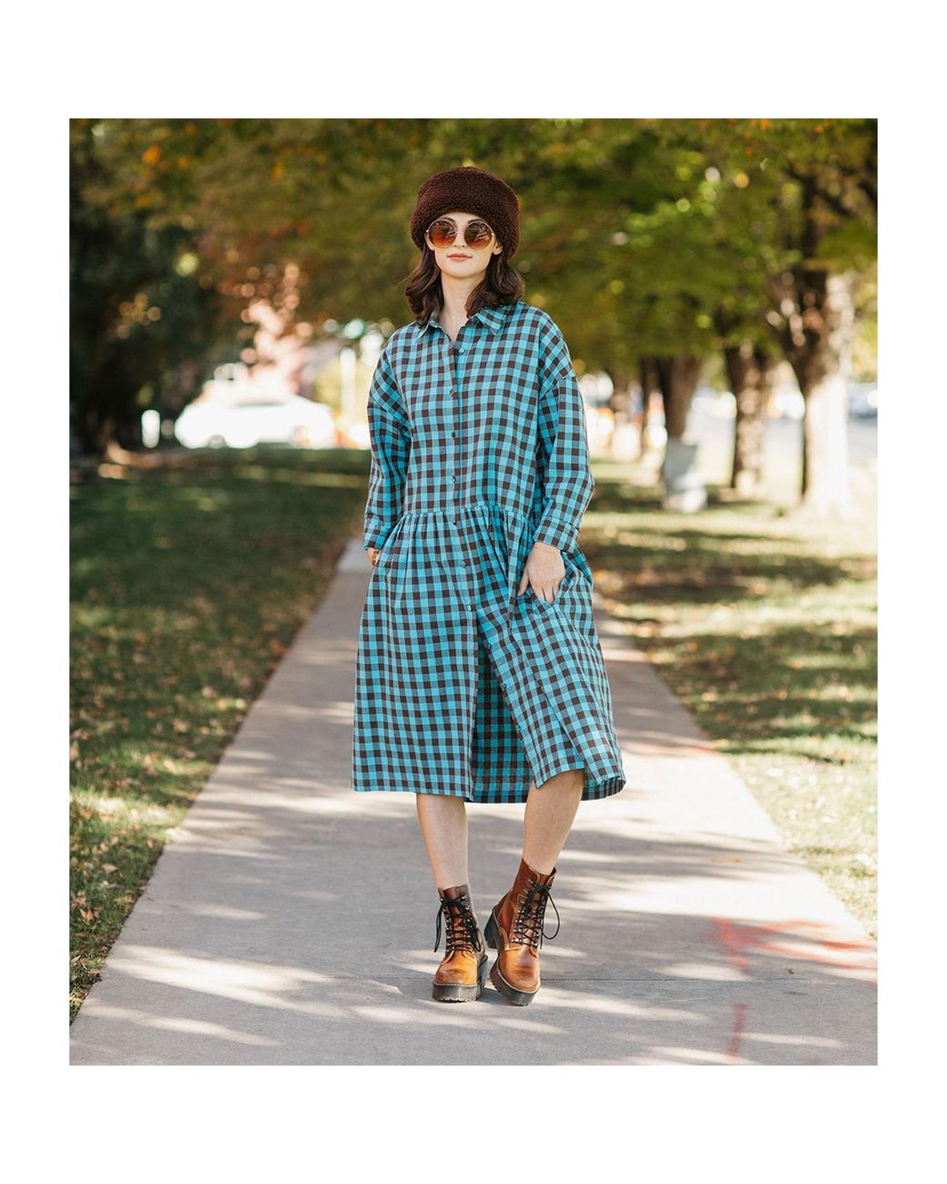 Zenzee Blue Cotton Linen Gingham Shirt Dress