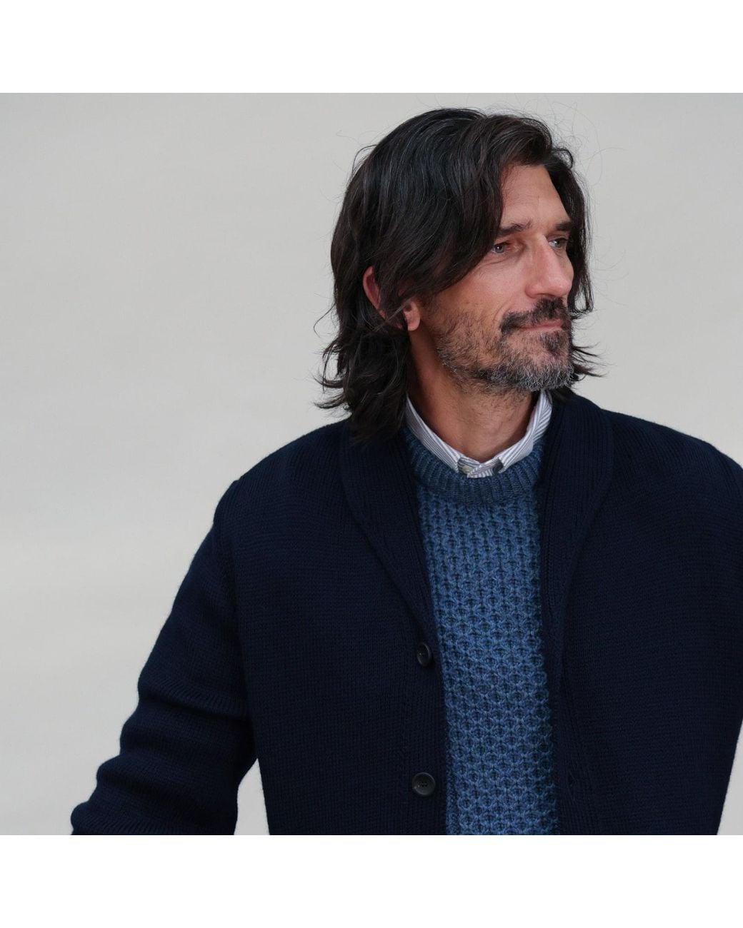 Paul James Knitwear Blue Chunky Merino Wool Marello Shawl Collar Cardigan for men