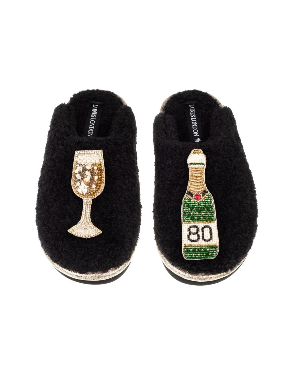 Laines London Black Teddy Closed Toe Slippers With 80Th Champers Bottle & Glass Brooches