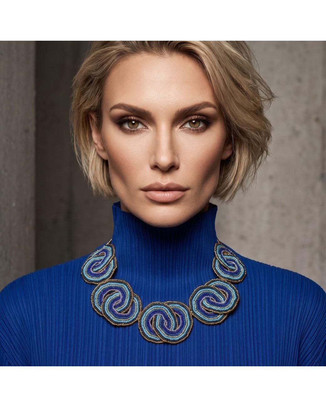Iliana Arrazola Blue Crisscrossed Circle Necklace, Glass Beads, Beaded Jewelry
