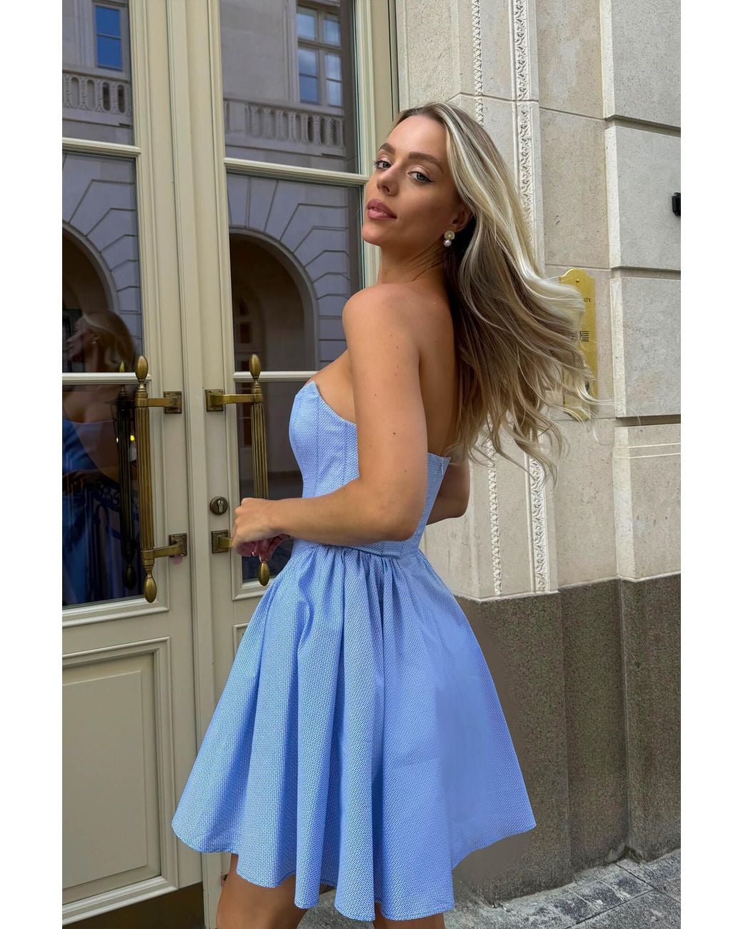 POST MERIDIEM Blue Tuck Corset Mini Dress