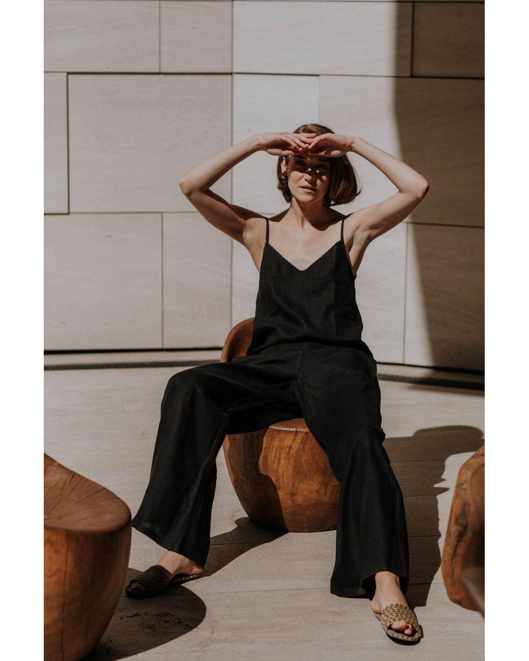 Idyllo White Linen Wide Trousers Pants With Pockets