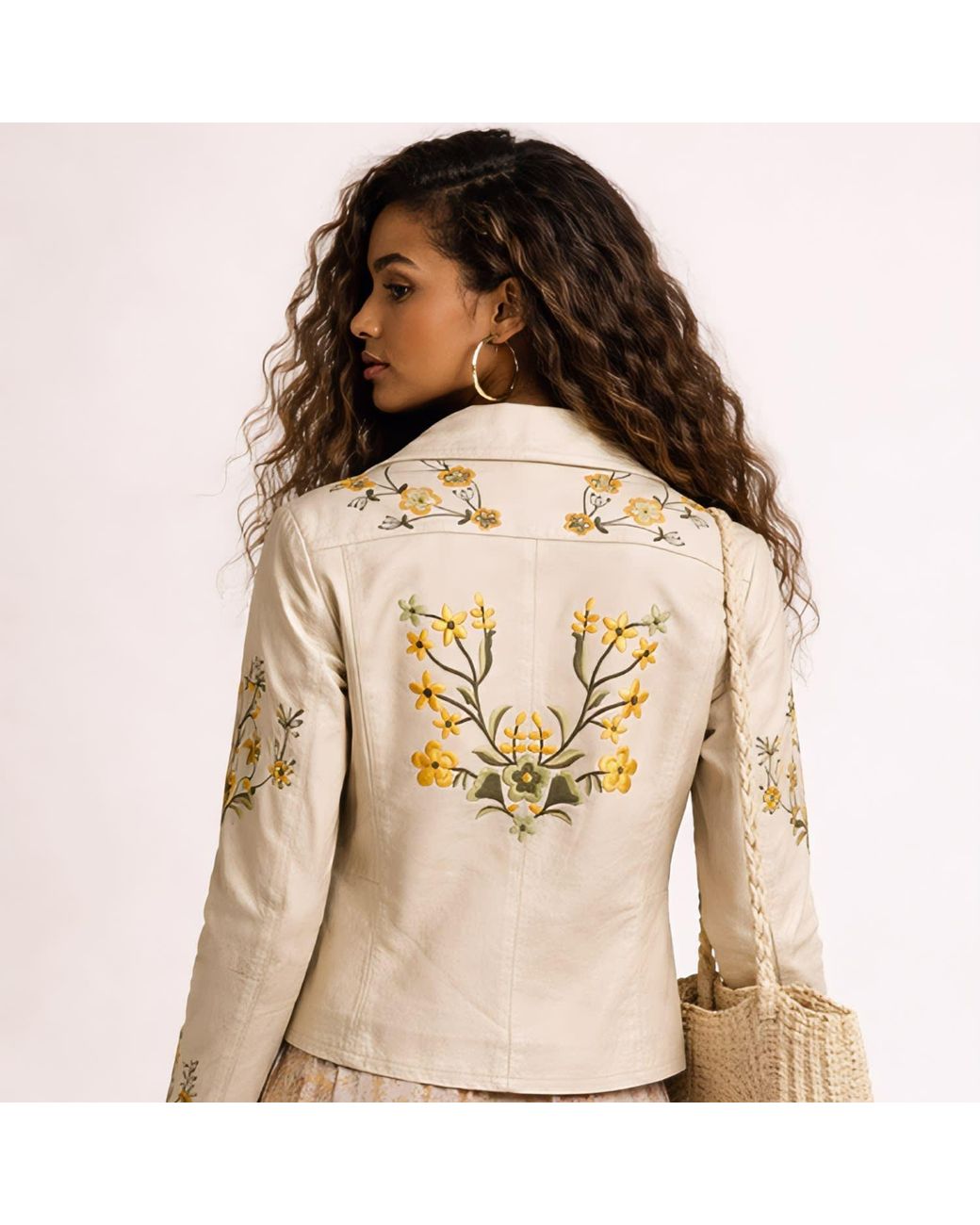 Zasta Studio Green Flower Wine Off Embroidered Leather Jacket