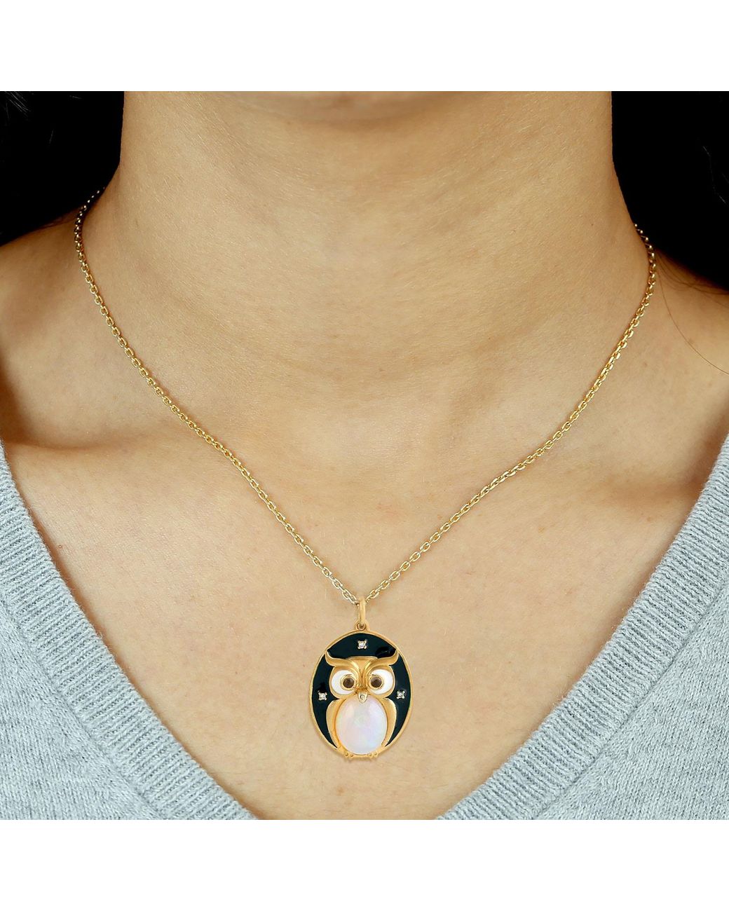 Artisan Metallic Owl Opal, Quartz, Diamond & Enamel Pendant