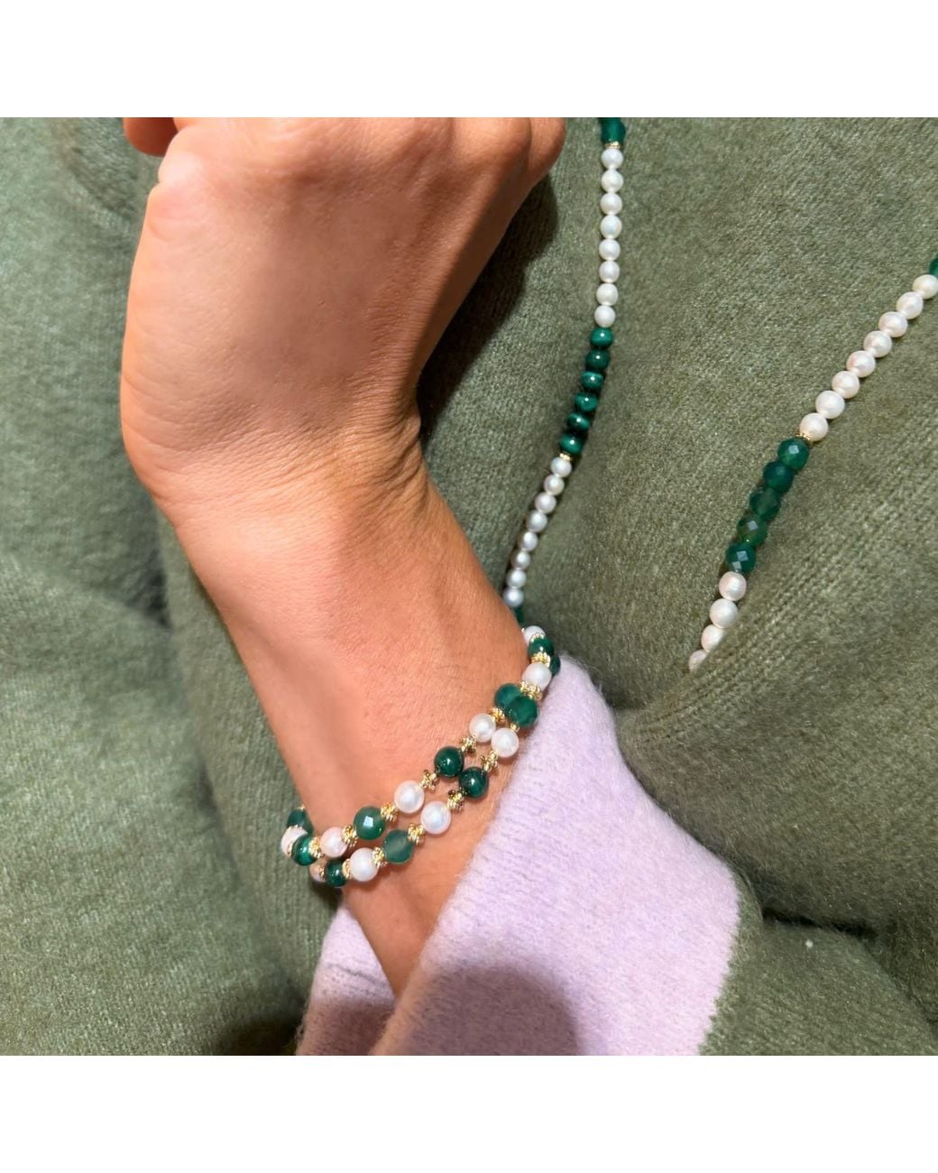 Farra Green Gemstone With Freshwater Pearl Double Layers Bracelet