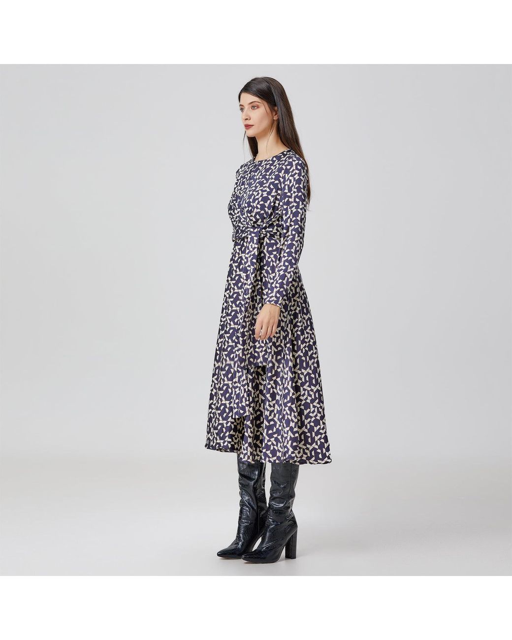 Smart and Joy Black Flared Printed Satin Dress With Side Knotted Panel