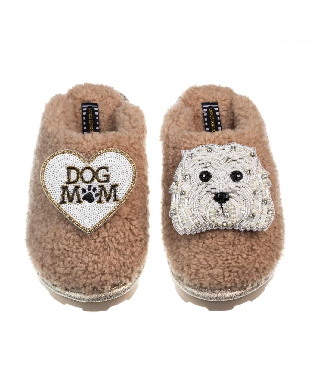 Laines London Brown Teddy Closed Toe Slippers With Queenie The Bichon Frise & Dog Mum Mom Brooches