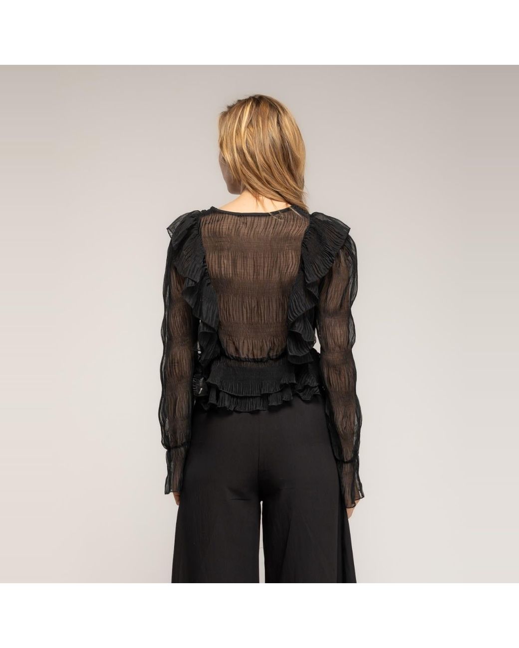 Tantra Spain Sl Black Pleated Ruffled Top With V-Neck