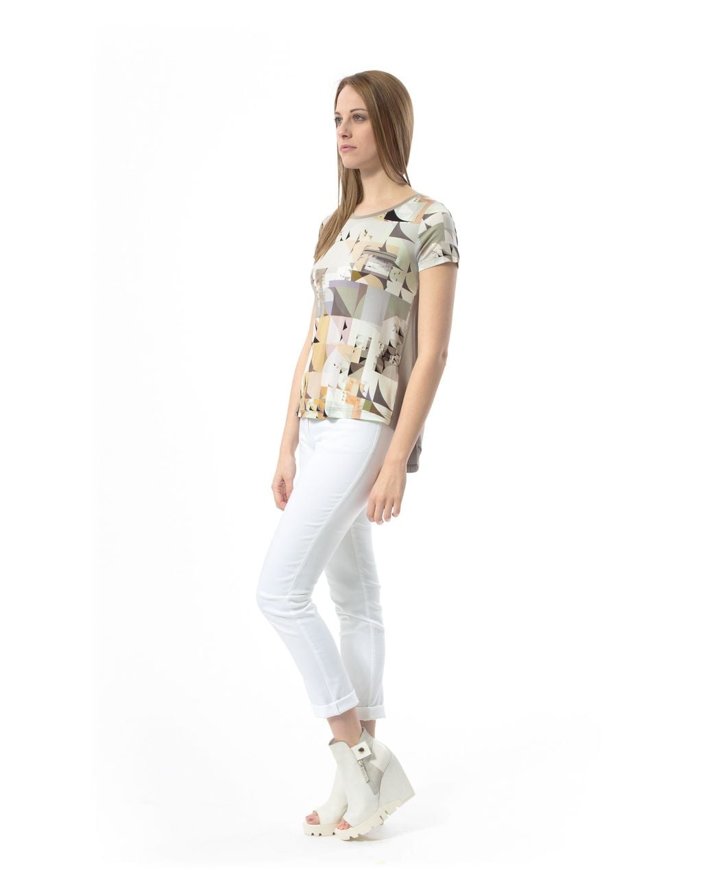 Conquista Natural Short Sleeved Geometric Print Top