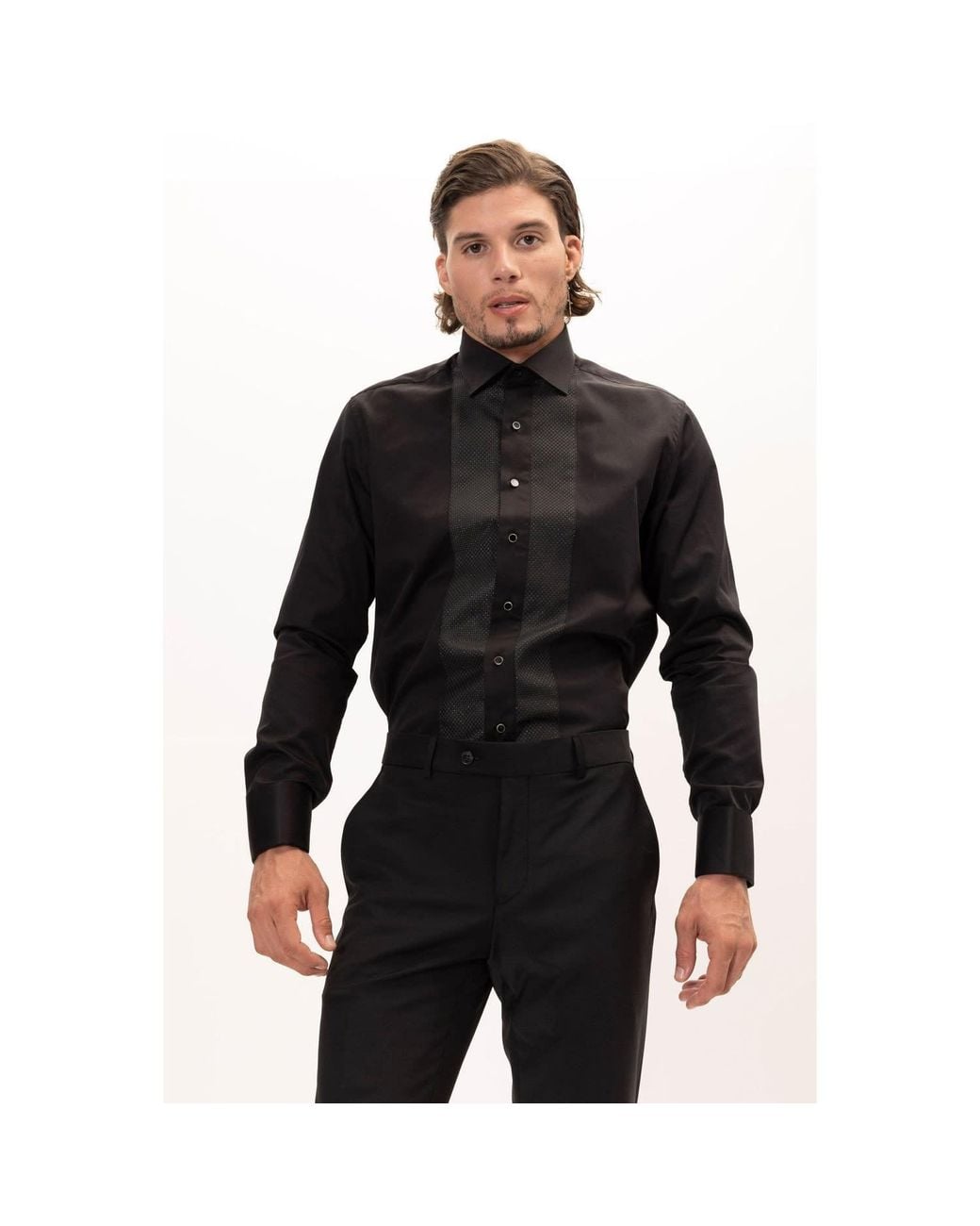 Ron Tomson Black Lurex Paneled Spread Collar Tux Shirt for men