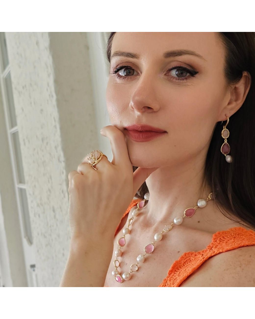 Farra Pink Rose Quartz With Pearls Feminine Dangle Earrings
