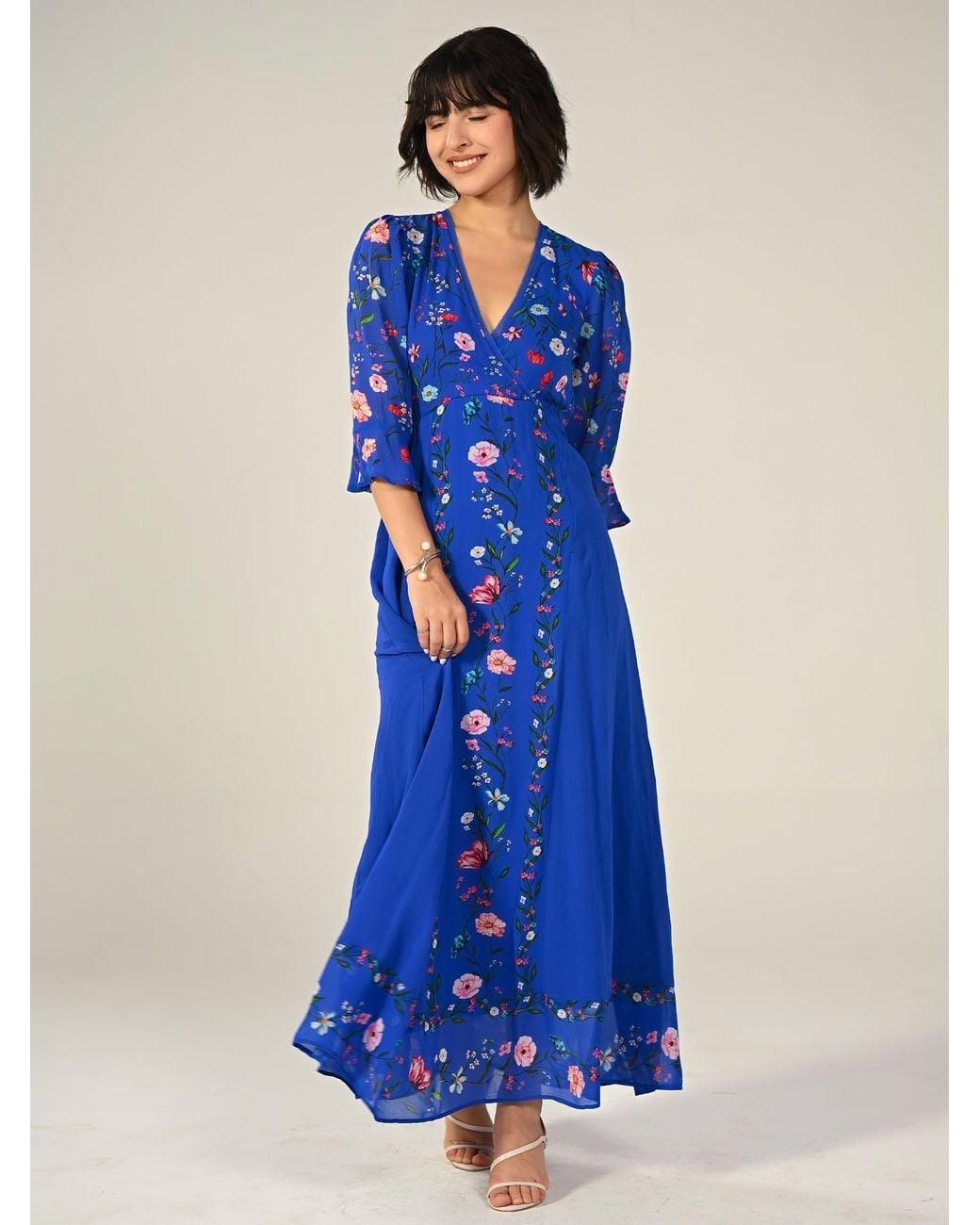 Rose & Nancy Blue Tory Botanical Floral Border Print Maxi Dress
