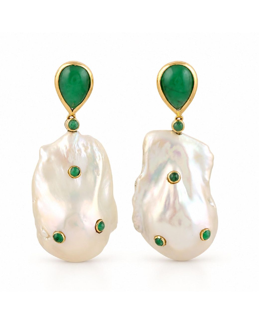 Artisan Green Natural Pearl & Emerald Pear Shape 18k Yellow Gold Dangle Earrings