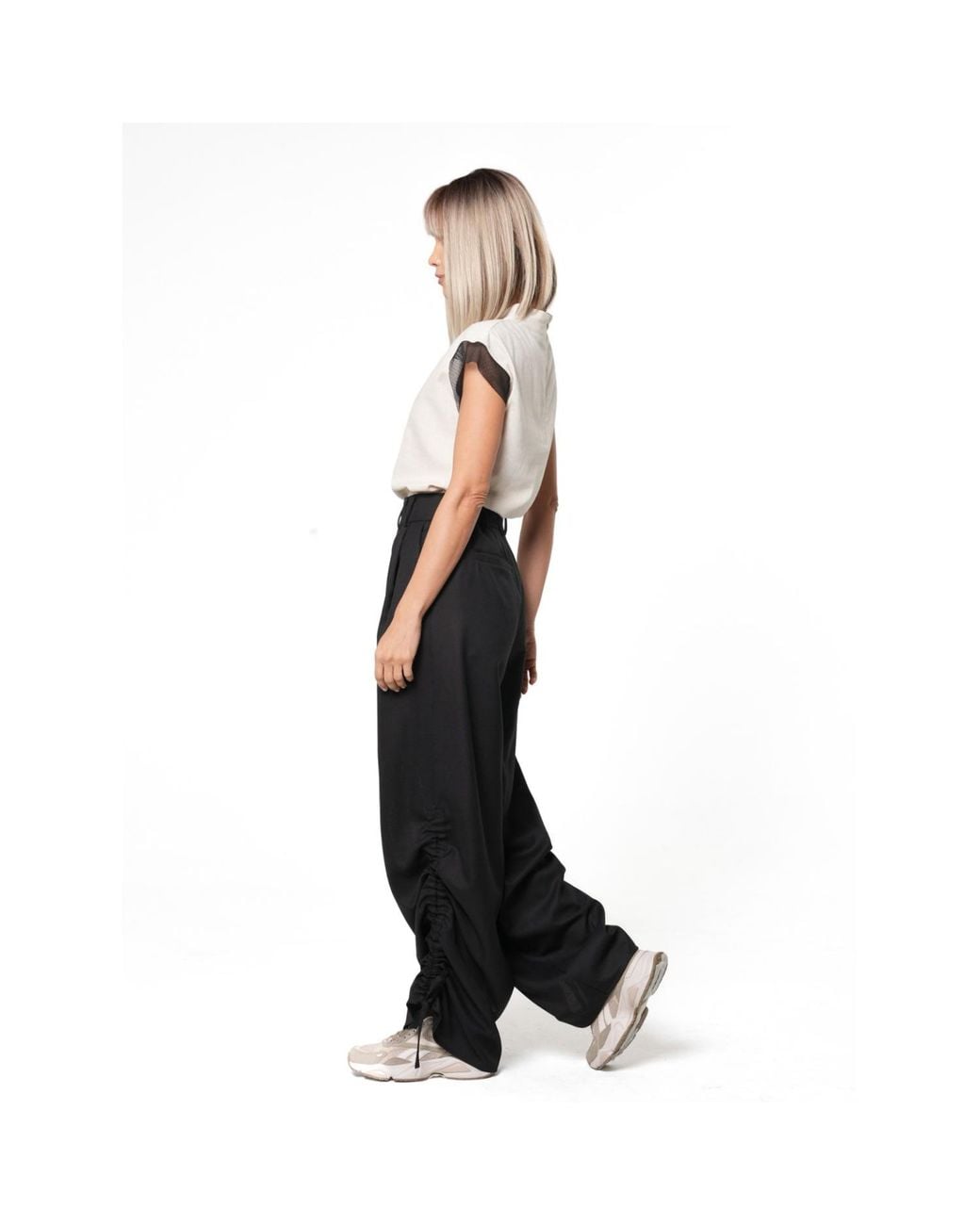 Metamorph Black High-Waisted Wool Trousers With Ruched Side Details