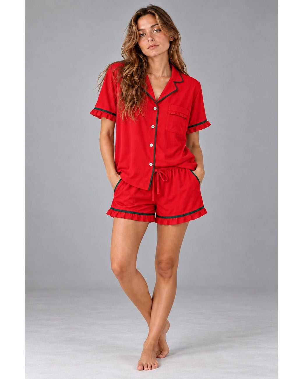 Carolina Benoit Red Christmas Luxury Matching Set Pajama Short