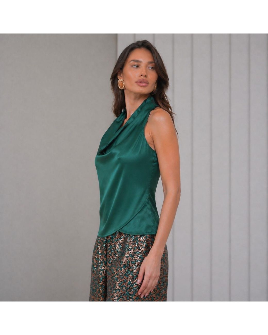 Lumina Eligma Green Cascade Silk Cowl Top
