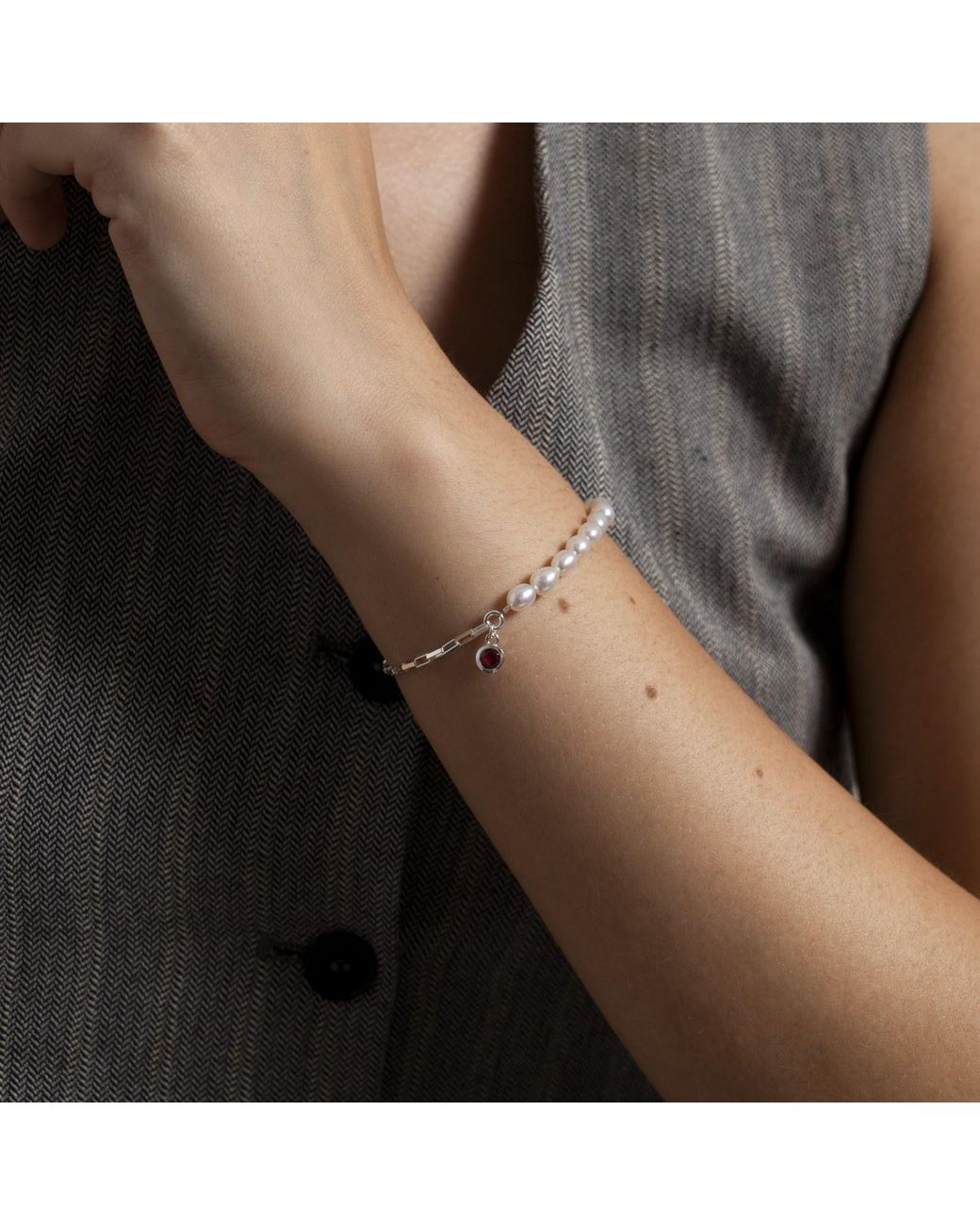 Dower & Hall White Luna Pearl & Garnet Charm Bracelet