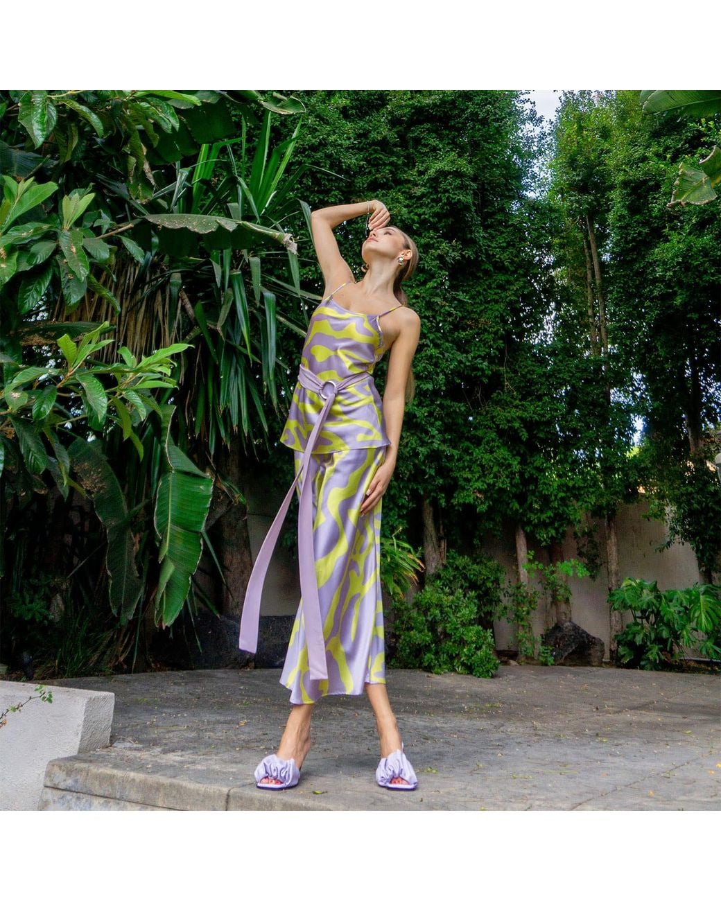 Solgo Atelier Green Samantha Printed Silk Midi Slip Skirt With Silk Chiffon Lining