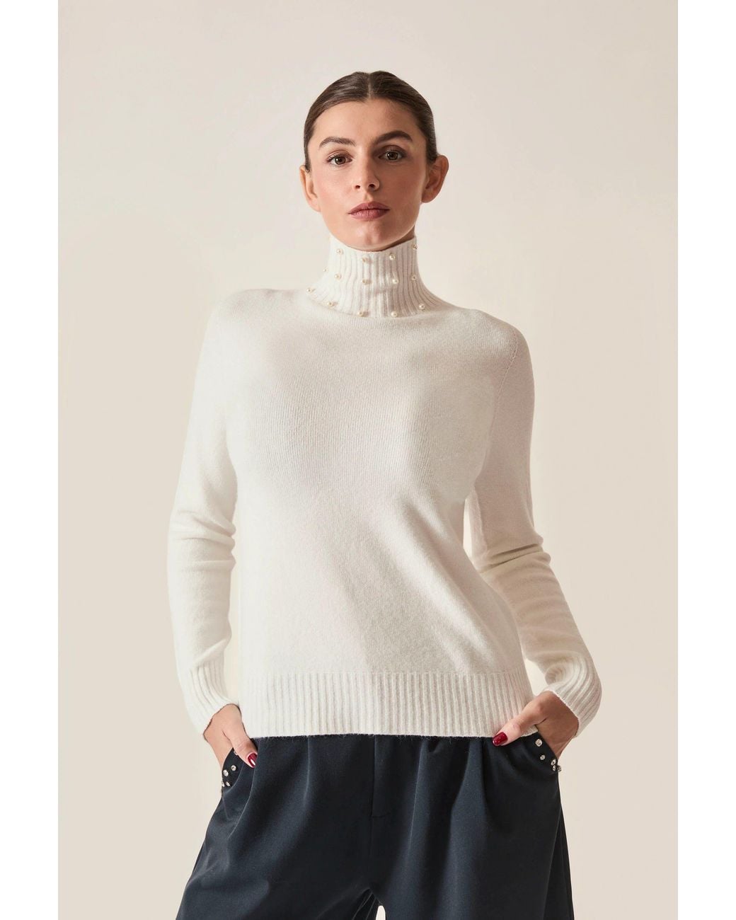 James Lakeland White Cream Pearl-Embellished High-Neck Jumper