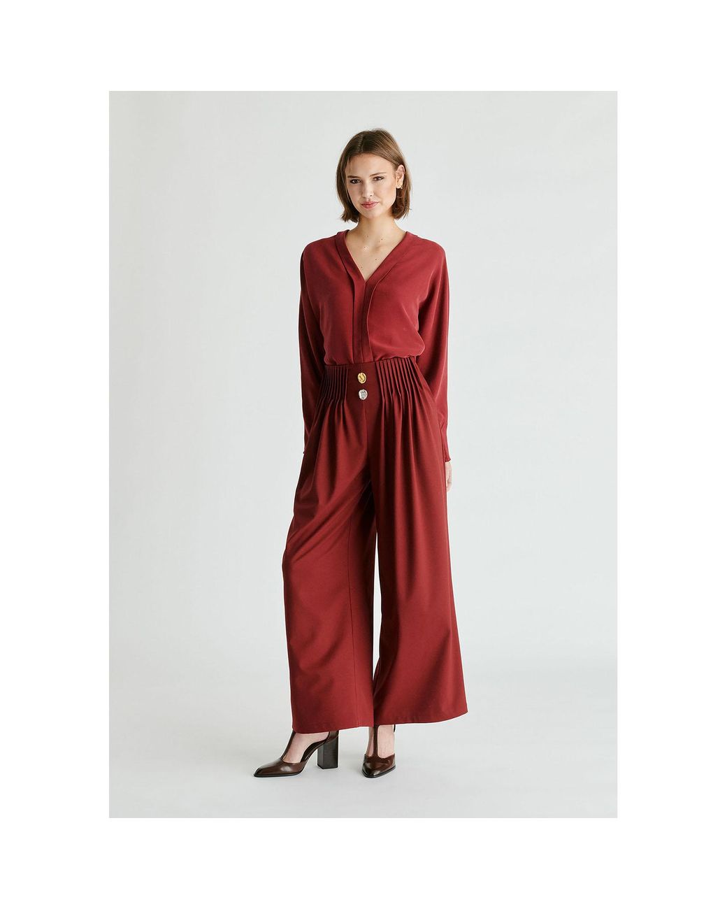 Paisie Red Wide Leg Trousers With Pleated Waist Detail