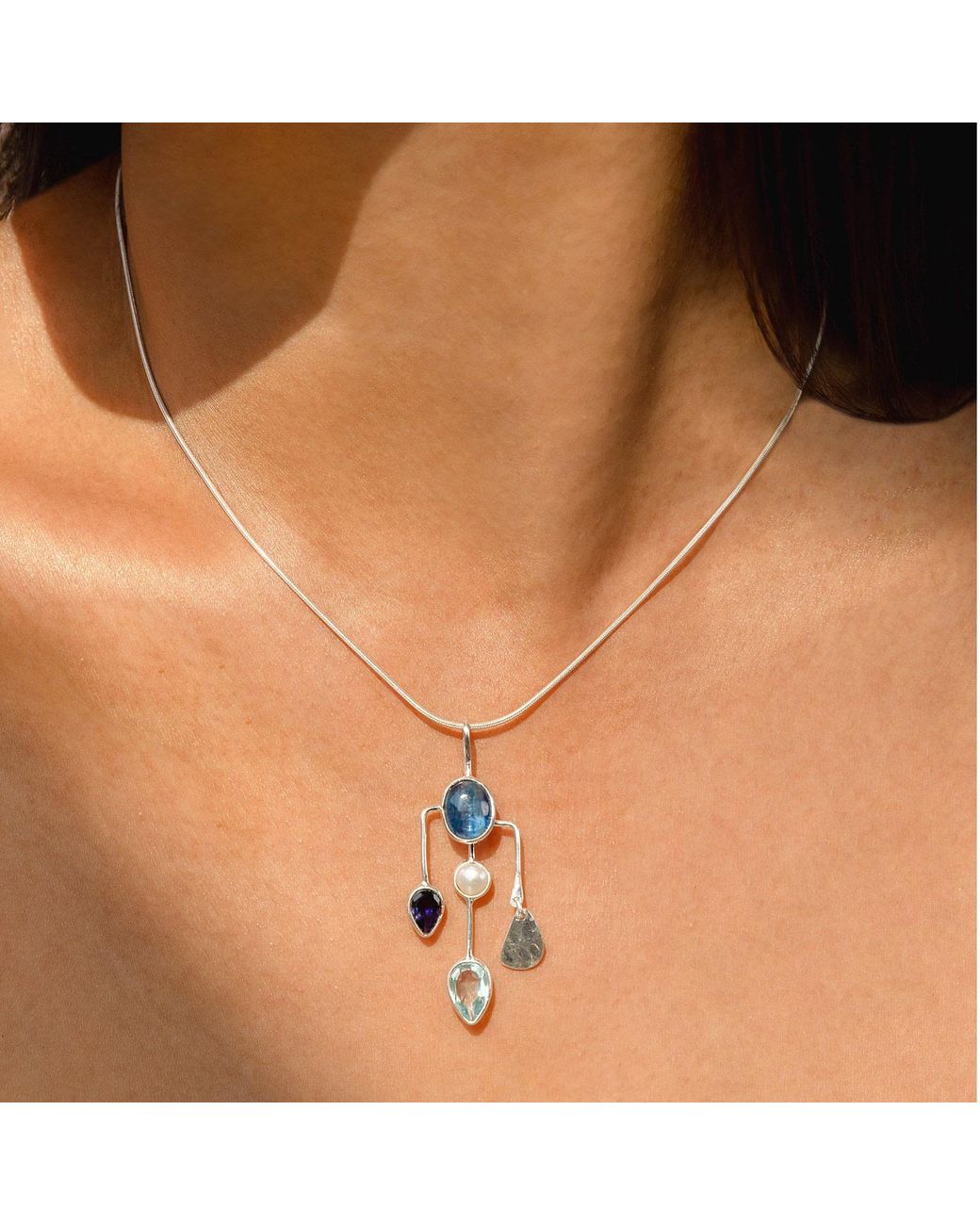 Isla Silver Blue Kyanite, Iolite, Pearl, & Topaz Contemporary Gemstone Necklace