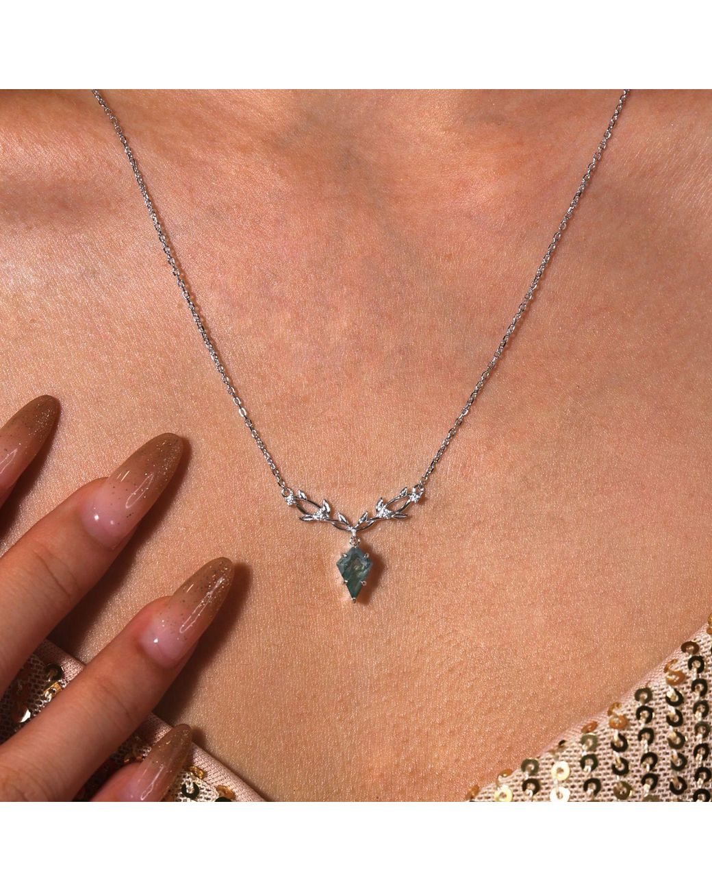 Azura Jewelry New York Metallic Elven Entwine Moss Agate Necklace Vermeil