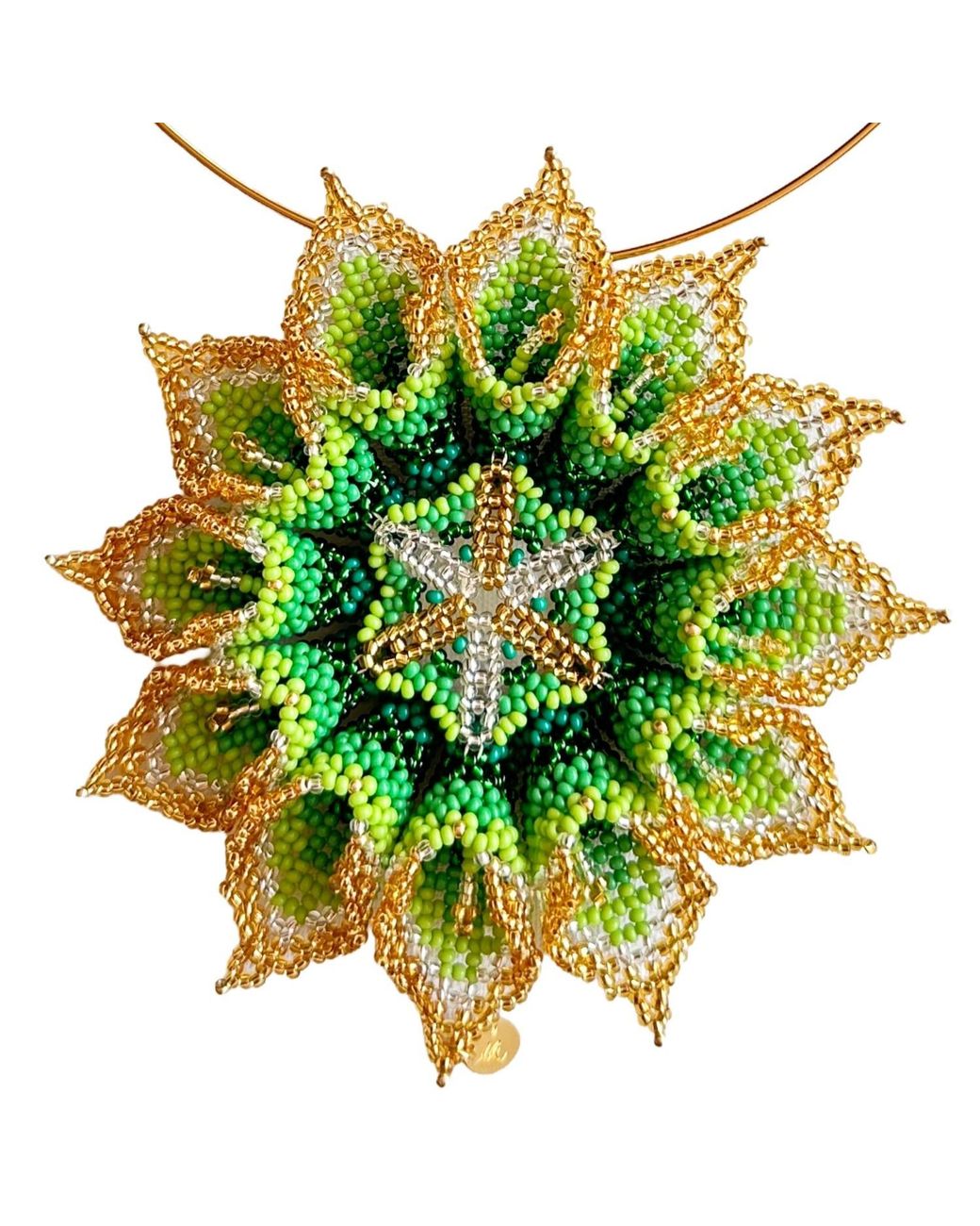 Iliana Arrazola Green Dahlia Flower Choker, Glass Beads, Beaded Jewelry