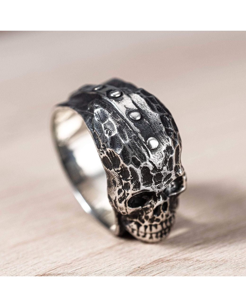 German Kabirski Metallic Seraph Ring With Sculpted Skull Relief for men