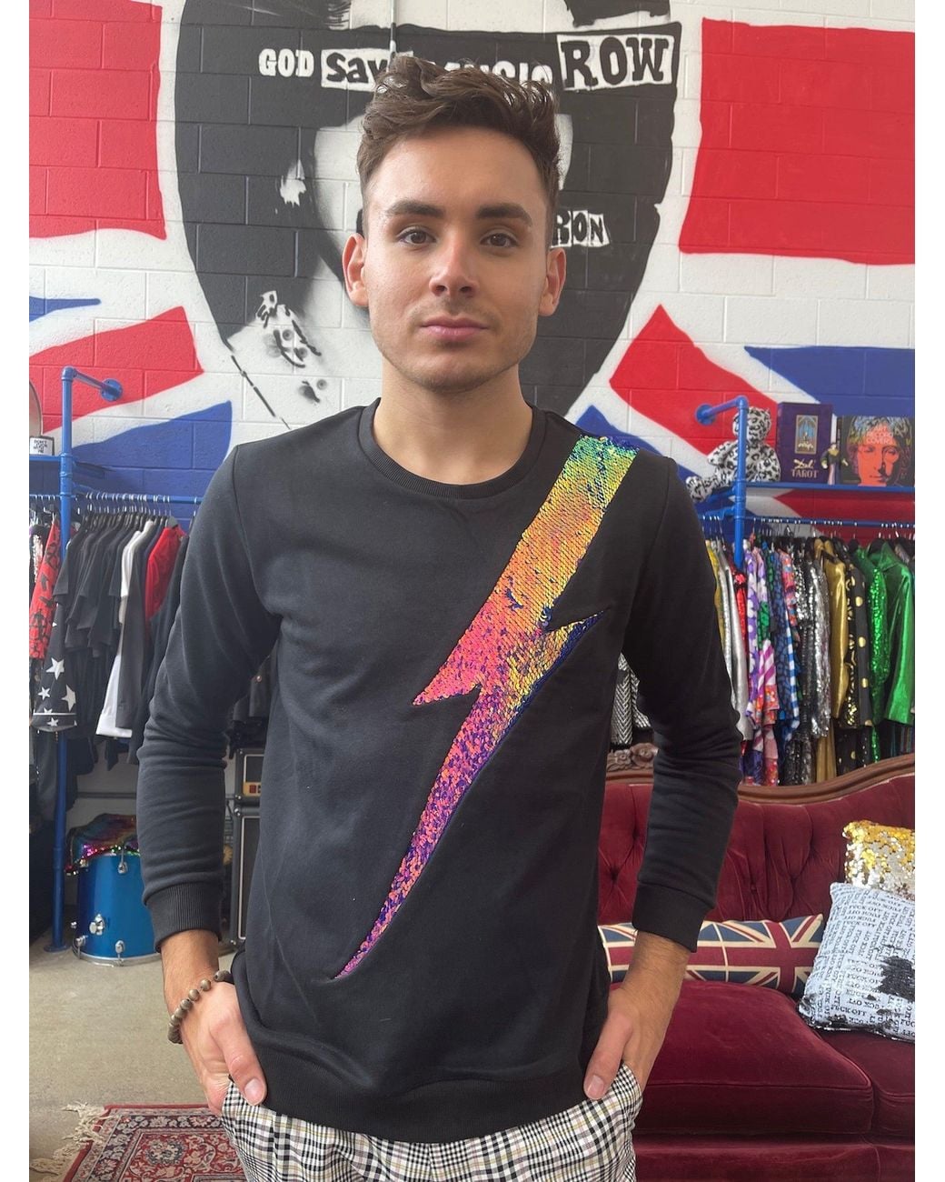 Any Old Iron Black Iridescent Oil Slick Sequin Lightning Sweatshirt for men