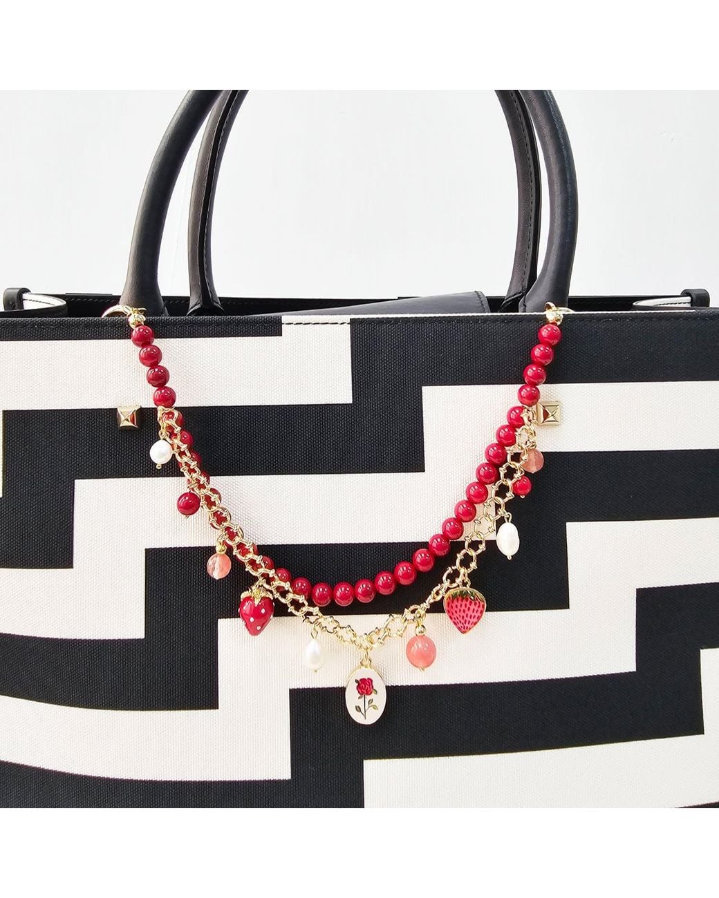 Farra Red Bamboo Coral With Strawberry And Rose Double Layers Chain Bag Charm
