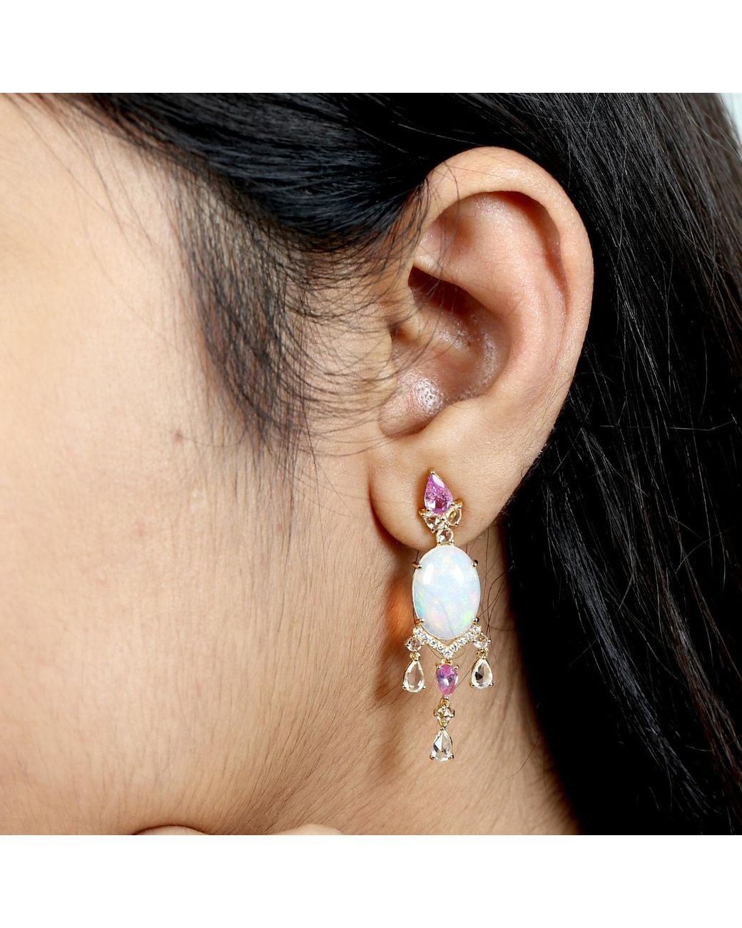 Artisan Blue 18k Gold With Opal Ethiopian & Pink Sapphire Diamond Earrings